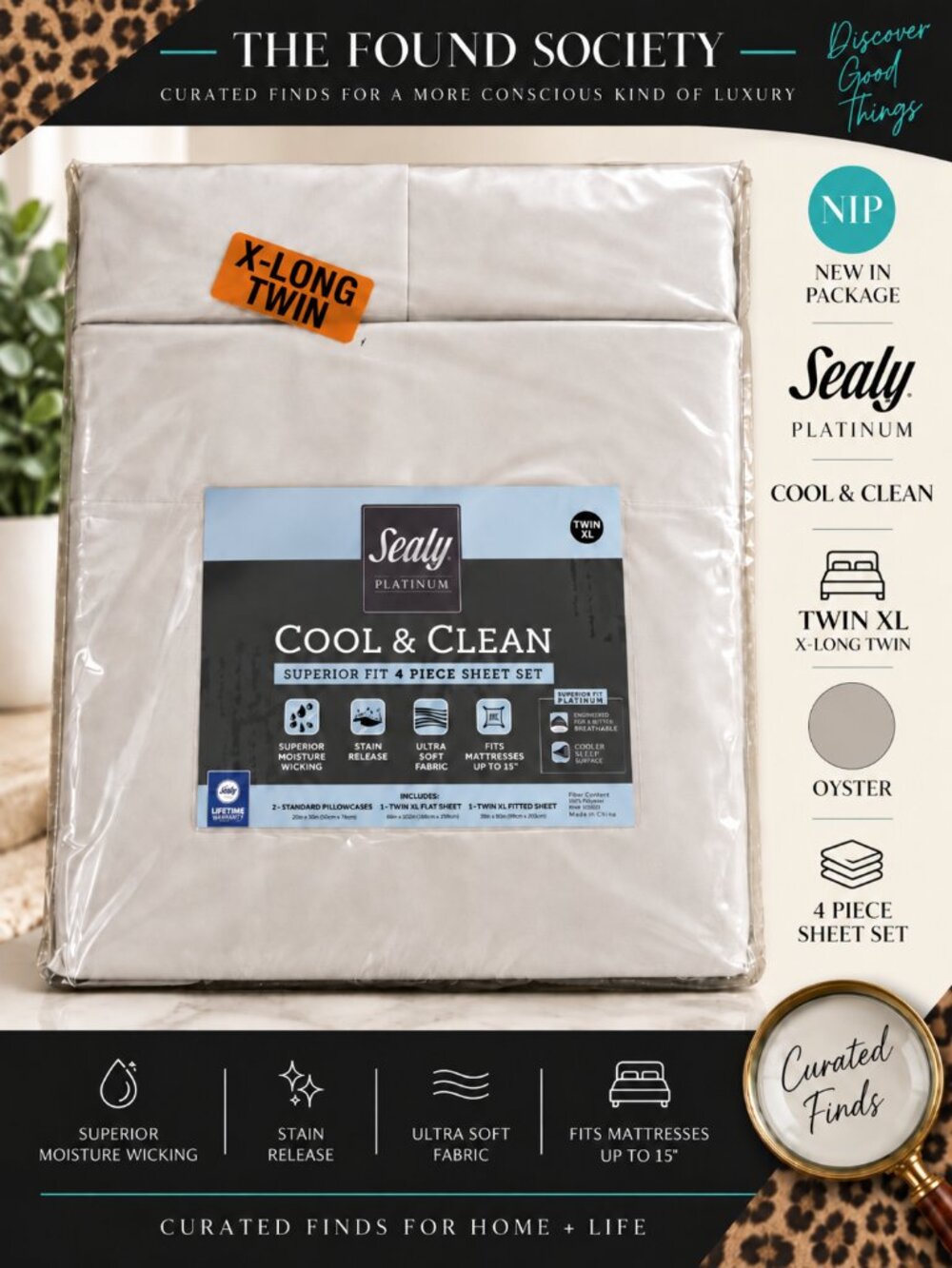 Sealy Platinum Cool & Clean Twin XL 4 Pc Sheet Set Oyster NIP Dorm Bedding
